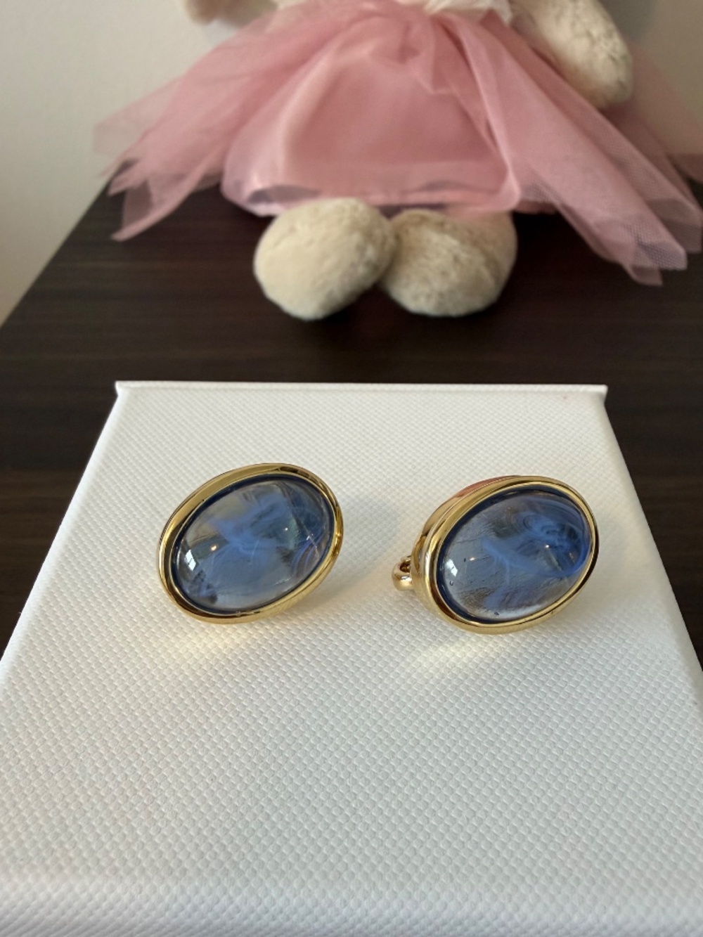 Nina Ricci Paris Vintage Blue Stone Earrings — Gold Oval Statement